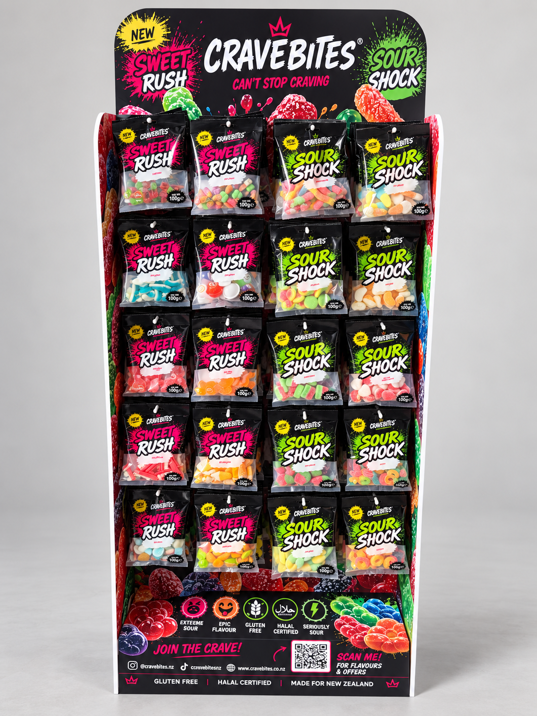 CraveBites display stand stocked with Sweet Rush and Sour Shock gummy bags